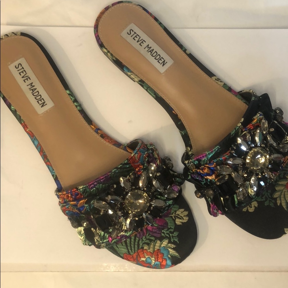 Black multi-colored, jeweled STEVE MADDEN slides